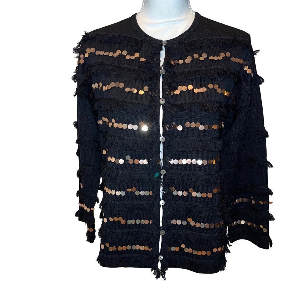 Edinburgh Knitwear Womens Jacket Black Size Medium Fringe Sequin Pure Wool NWT